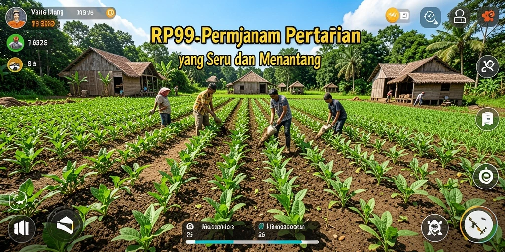 Tampilan gameplay RP99 dengan ladang yang subur dan aktivitas bertani.